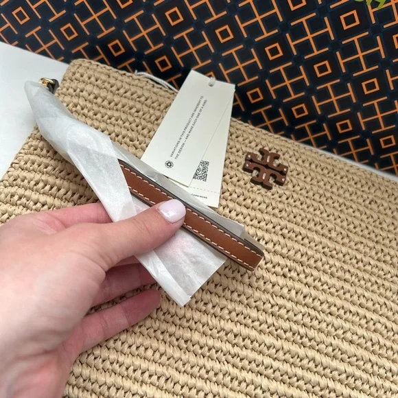 Tory Burch Thea Raffia Pouch Wristlet Bag Coffee Cream - Picture 6 of 11